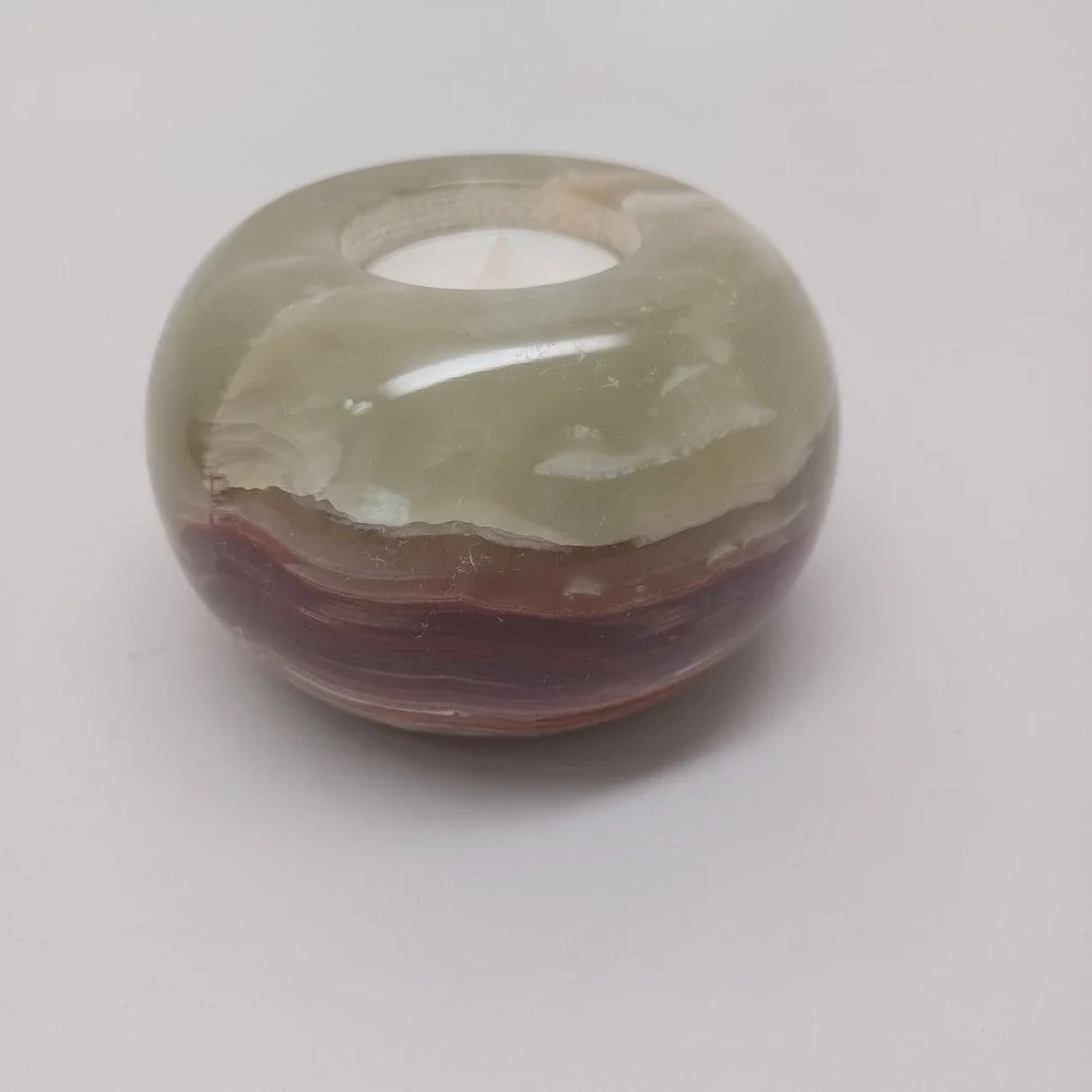 Polished Alabaster Onyx Stone Tea Light Candle Holder Green Brown‎ Round Sphere